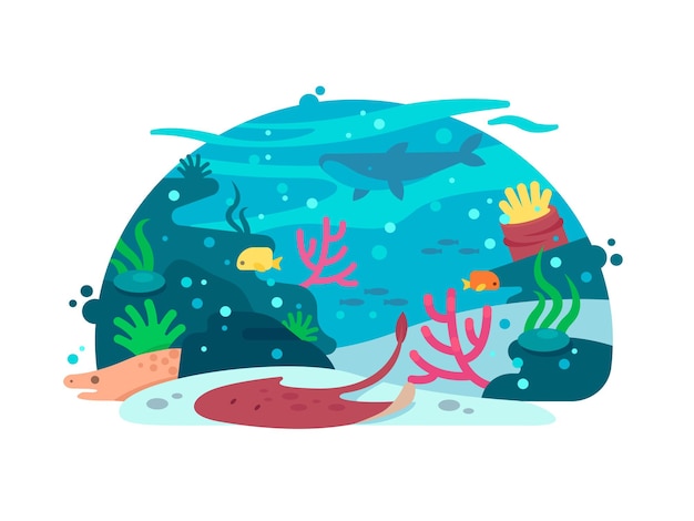 Mundo submarino con corales y peces algas. Vista submarina, ilustración vectorial