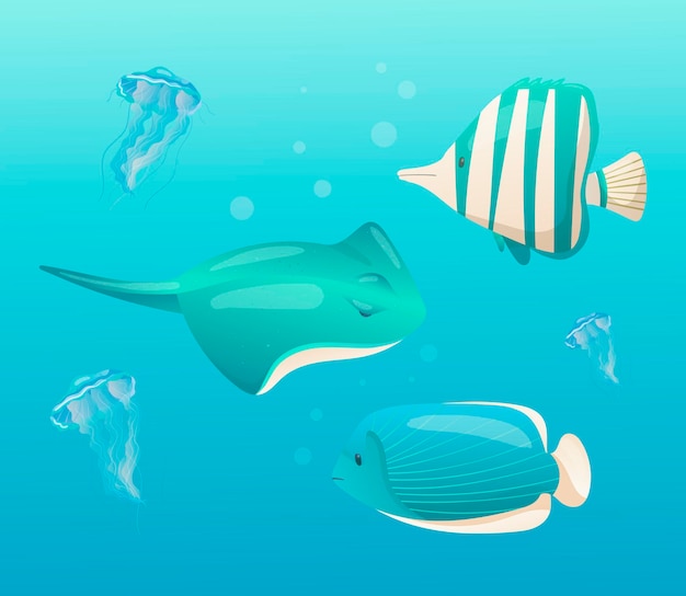 mundo submarino dibujos animados medusas venenosas rayadas y mantarrayas nadan en agua azul mar u océano