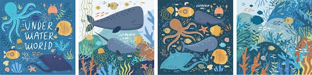 Mundo submarino Establezca carteles océano o mar con varios peces pulpo cangrejo submarino raya ballena narval conchas marinas estrellas de mar algas plantas acuáticas ilustración vectorial cartel postal