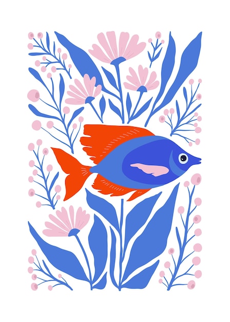 Mundo submarino marino peces y conchas volante vertical o plantilla de póster moderno de moda