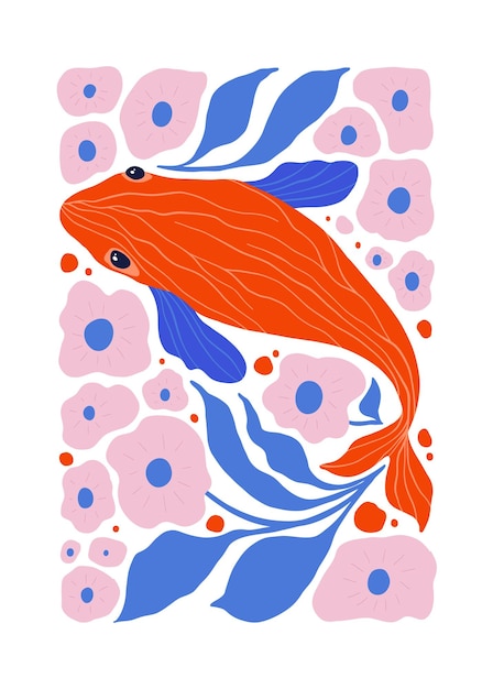 Mundo submarino marino peces y conchas volante vertical o plantilla de póster moderno de moda