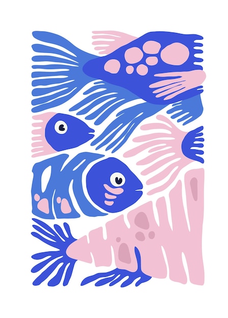 Mundo submarino marino peces y conchas volante vertical o plantilla de póster moderno de moda