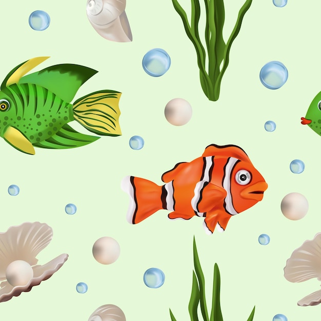 Mundo submarino Patrón sin costuras con peces tropicales, algas marinas, concha de perla, personaje de dibujos animados