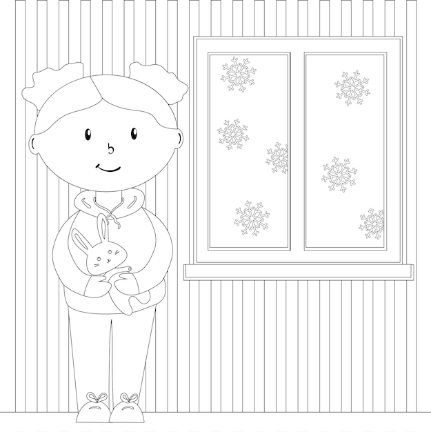 Muñeca con conejito en una habitación acogedora con una ventana de invierno página para colorear para niños ilustración vectorial simple