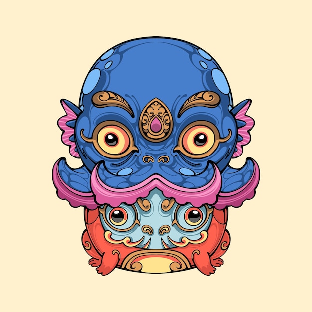 Vector muñeca daruma japonesa y pulpo.