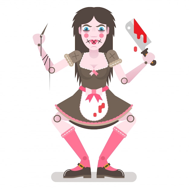 Vector muñeca espeluznante y atemorizante con cuchillo y delantal sangriento.