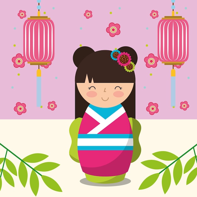 Vector muñeca japonesa kokeshi en kimono