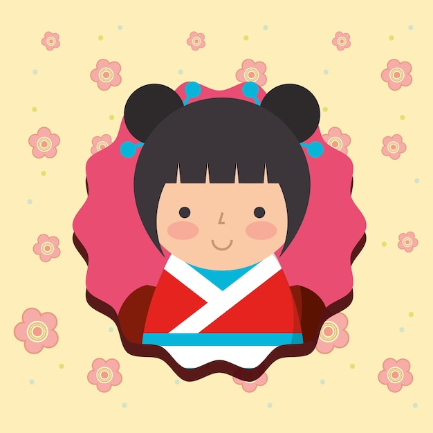 Muñeca kokeshi en fondo de flores de kimono