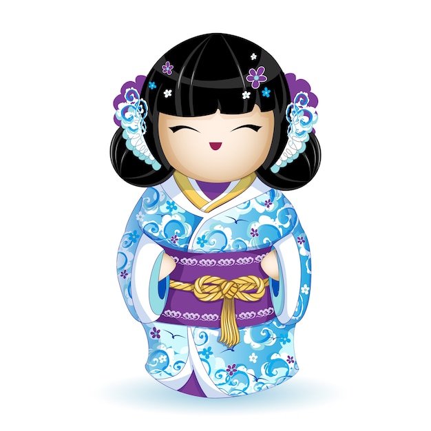 Vector muñeca kokeshi en kimono azul con un patrón de onda del mar.