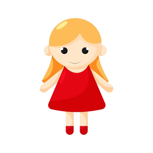 Muñeca de niña de dibujos animados en vestido rojo con cabello amarillo aislado sobre fondo blanco Ilustración vectorial