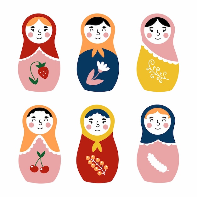 Muñeca rusa matryoshka Establecer ilustración vectorial en estilo doodle Ttradicional juguete