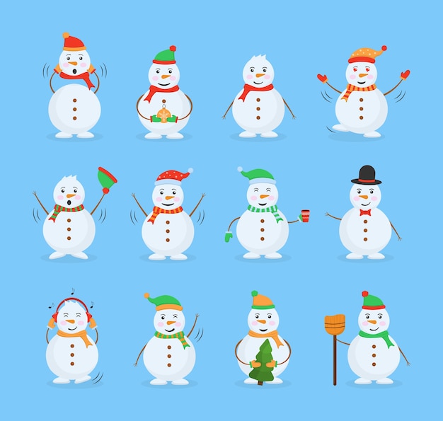 Muñeco de nieve alegre en diferentes trajes. Hombre de nieve divertido con colección de sombrero, bufanda y guantes. Conjunto de divertidos personajes de dibujos animados, poses y emociones.