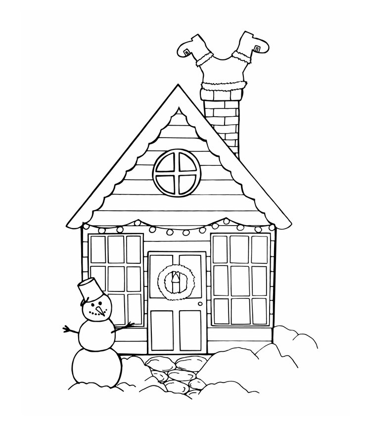 Muñeco de nieve de la casa de Navidad y Santa Claus subiendo por la chimenea ilustración vectorial hecha a mano