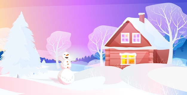 muñeco de nieve cerca de la casa cubierta de nieve en la noche de invierno pueblo año nuevo vacaciones de navidad celebración concepto tarjeta de felicitación paisaje fondo ilustración vectorial horizontal