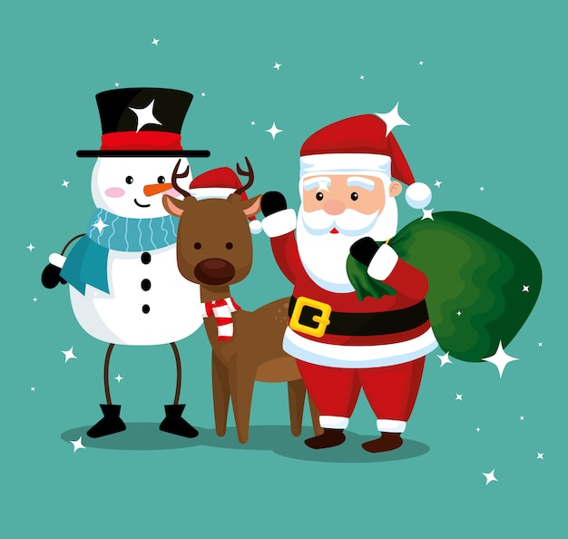 Muñeco de nieve con ciervo y santa claus con bolsa