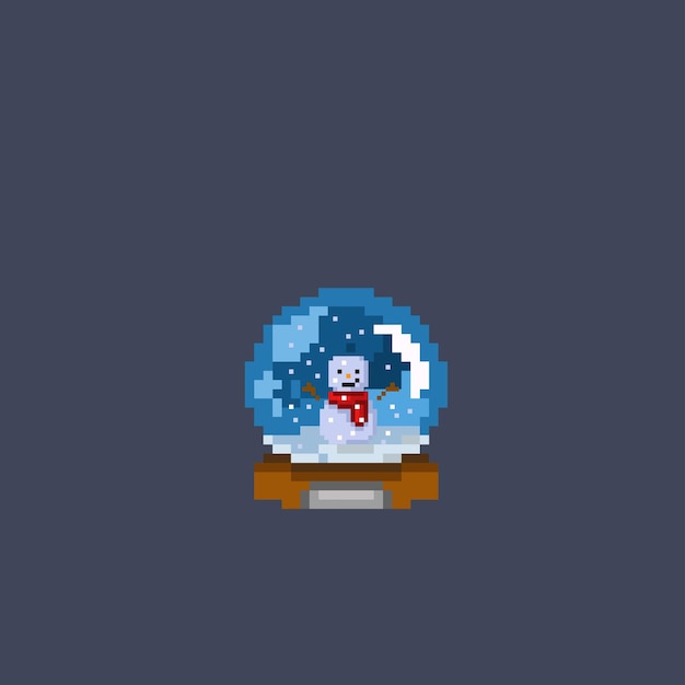 Muñeco de nieve en el cristal redondo en estilo pixel art