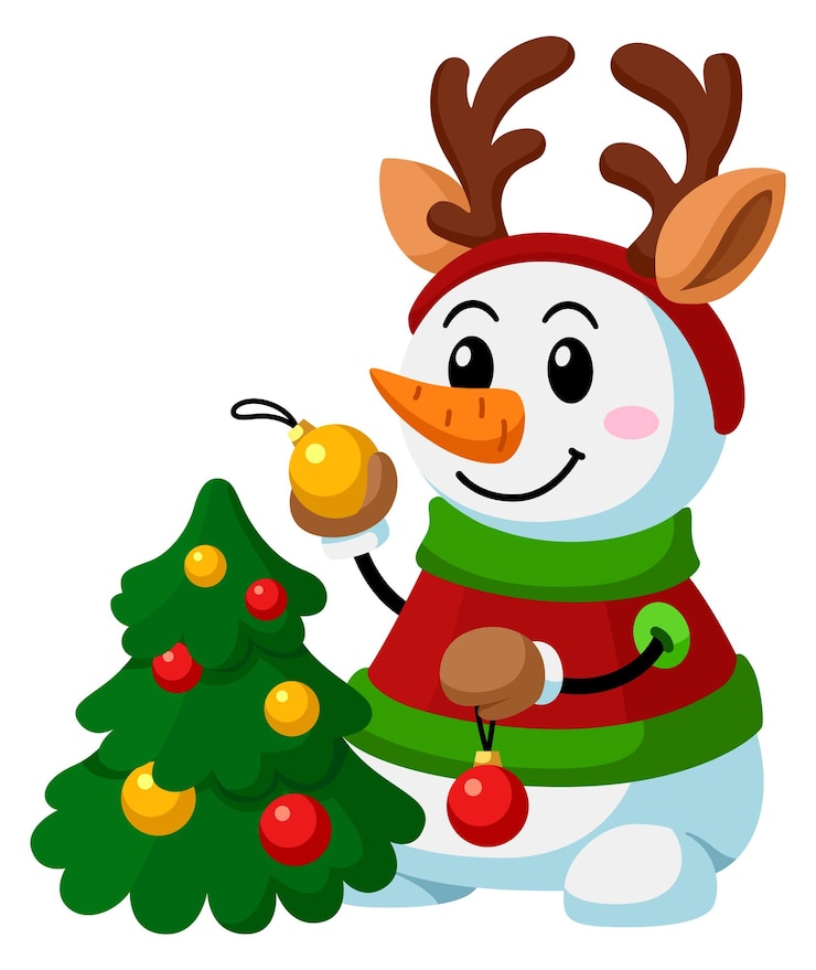 Vector muñeco de nieve decorando árbol de navidad personaje de dibujos animados divertido