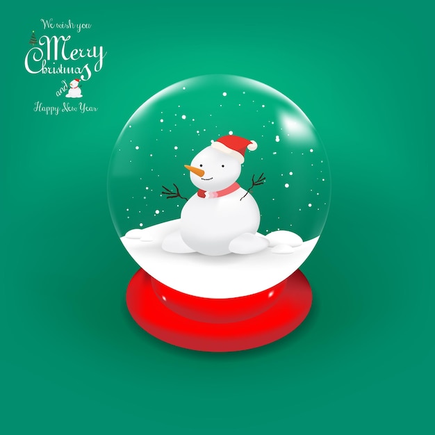 Vector muñeco de nieve dentro de la bola de cristal con copos de nieve sobre fondo rojo estilo de dibujos animados en 3d