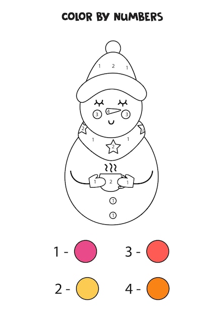 Muñeco de nieve de dibujos animados lindo color por números. Hoja de trabajo para niños.