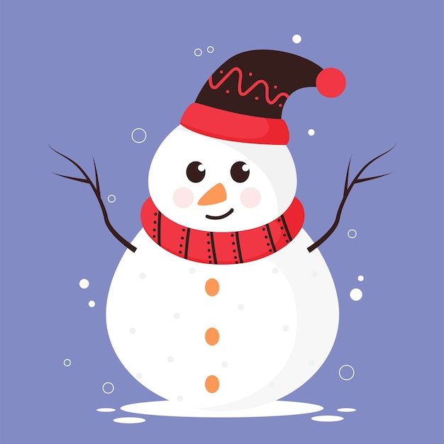 Muñeco de nieve de dibujos animados con sombrero de lana y bufanda sobre fondo azul.