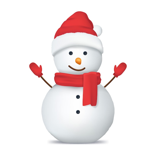 Muñeco de nieve feliz 3d realista y detallado con sombrero rojo, bufanda y manoplas, símbolo de la celebración de invierno, ilustración vectorial