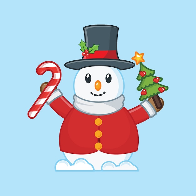 Muñeco de nieve feliz con dulces y árbol de Navidad. navidad ilustracion