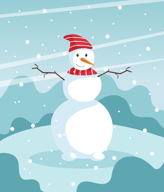 Muñeco de nieve. Feliz navidad y próspero año nuevo. Ilustración plana vectorial.