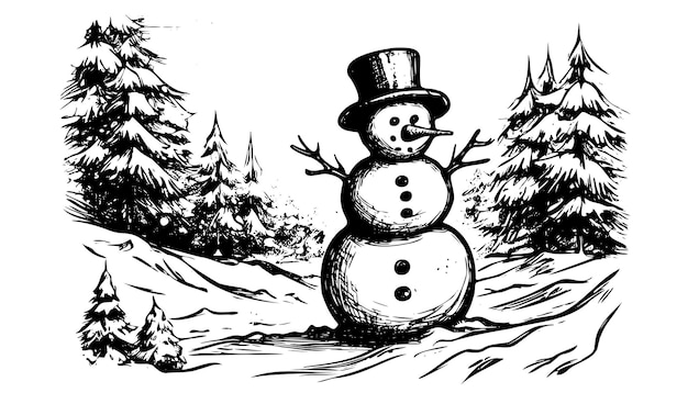 Muñeco de nieve grabado en boceto de invierno festivo vintage de muñeco de nieve ilustración vectorial dibujado a mano