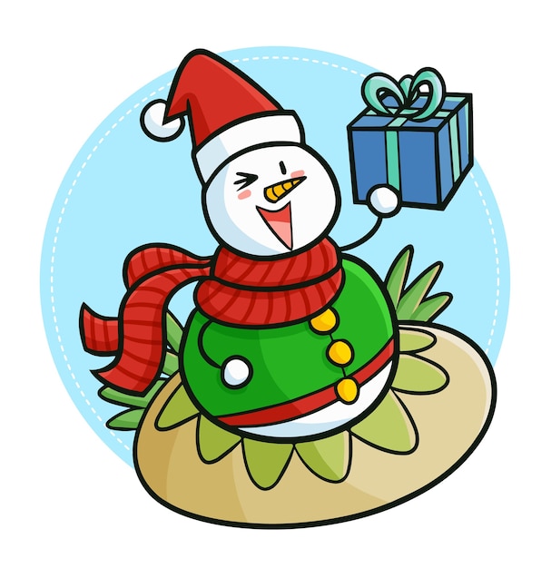 Vector muñeco de nieve kawaii lindo y divertido con gorro de papá noel para navidad y caja de regalo