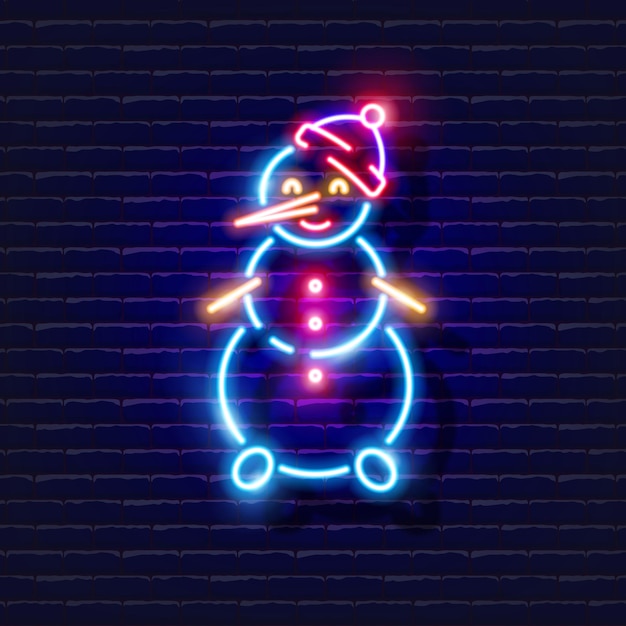 Muñeco de nieve, letrero de neón, decoración de invierno, icono brillante, concepto de año nuevo y Navidad, ilustración vectorial para diseño