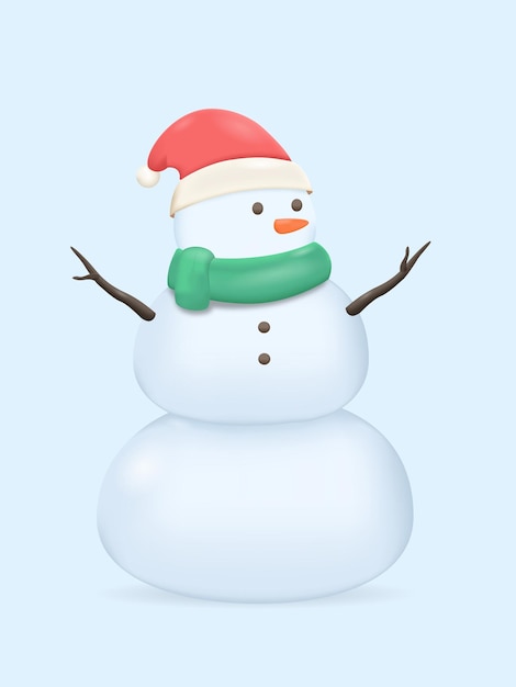 Muñeco de nieve lindo 3d con sombrero de Navidad Ilustración del muñeco de nieve con un silenciador verde y sombrero de Santa
