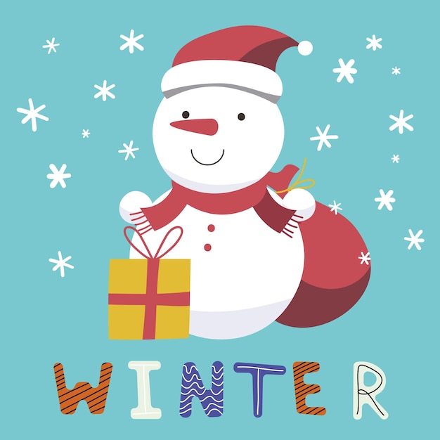 Muñeco de nieve lindo alegre sobre un fondo azul una sonrisa en su rostro nariz zanahoria juego de niños de invierno nevada vector ilustración plana eps