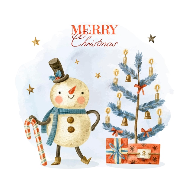 Vector muñeco de nieve de navidad acuarela con árbol de año nuevo