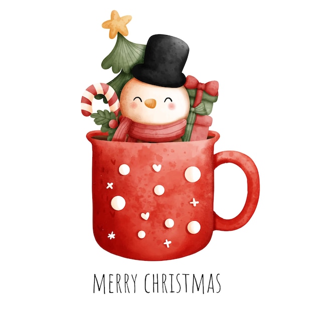 Muñeco de nieve de navidad de pintura digital en taza de navidad aislado sobre fondo blanco