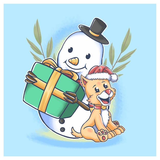 Vector muñeco de nieve navideño con lindo perrito trayendo regalos navideños