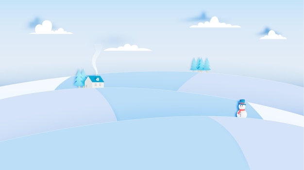 Muñeco de nieve y paisaje de invierno con estilo de arte en papel y esquema de color pastel vector illustrat
