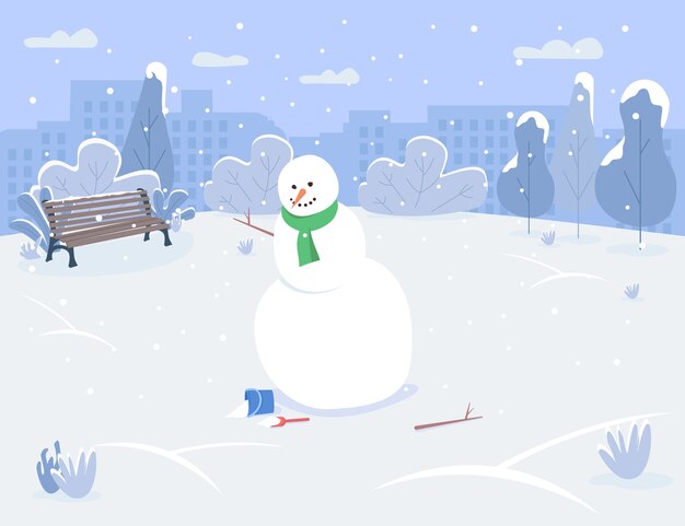 Muñeco de nieve en parque urbano semi plano ilustración