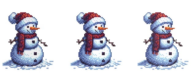 Un muñeco de nieve de pixel art con un sombrero rojo y una bufanda se encuentra en la nieve con brazos de palo y una nariz de zanahoria