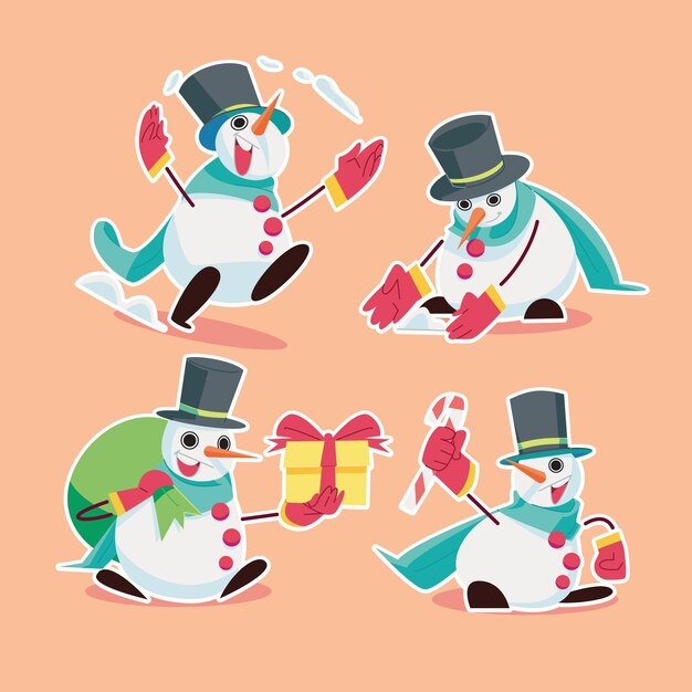 Muñeco de nieve repartiendo regalos en diseño plano