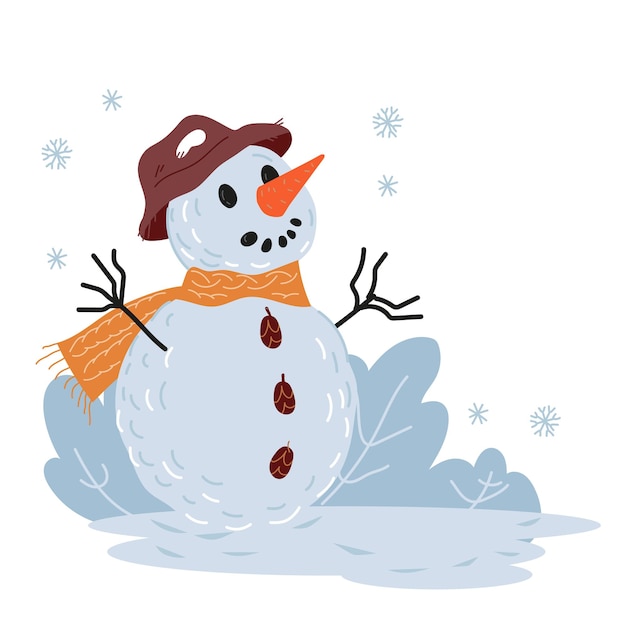 Muñeco de nieve con sombrero y bufanda de pie en ventisqueros vector plano aislado