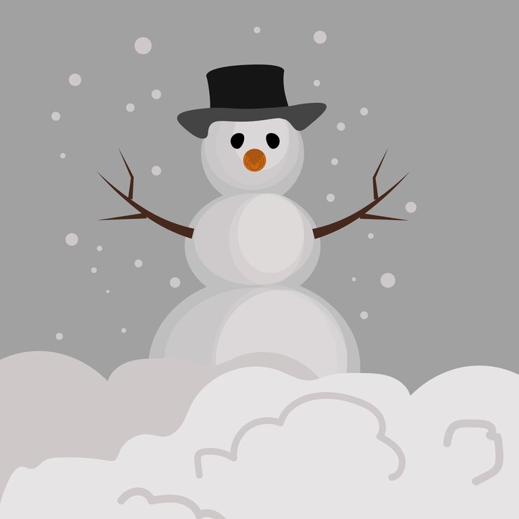 Muñeco de nieve con un sombrero negro aislado en un fondo gris blanco Diseño plano Ilustración vectorial