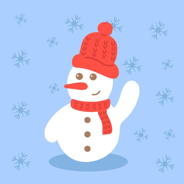 Muñeco de nieve con sombrero rojo muñeco de nieve agitando ilustración plana de vector de navidad