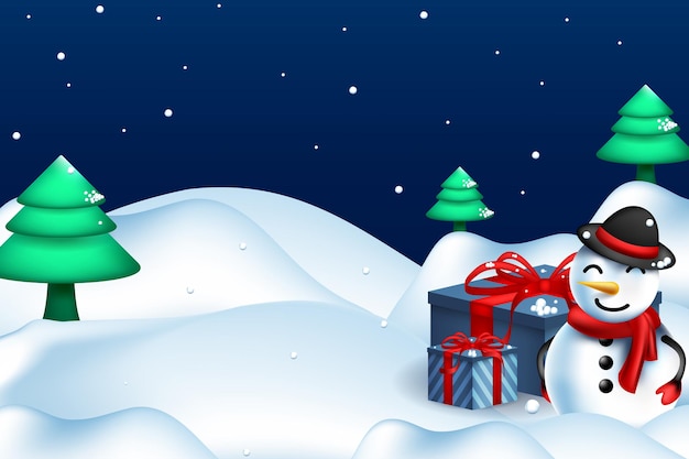 Muñeco de nieve sonriente con regalo en una ilustración de vector de paisaje de Navidad