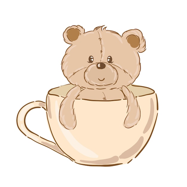 Muñeco de oso de peluche de dibujos animados lindo sentado en una taza niño niños vector ilustración de impresión para camiseta