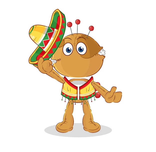 Muñeco vudú cultura mexicana y vector de mascota de dibujos animados de bandera