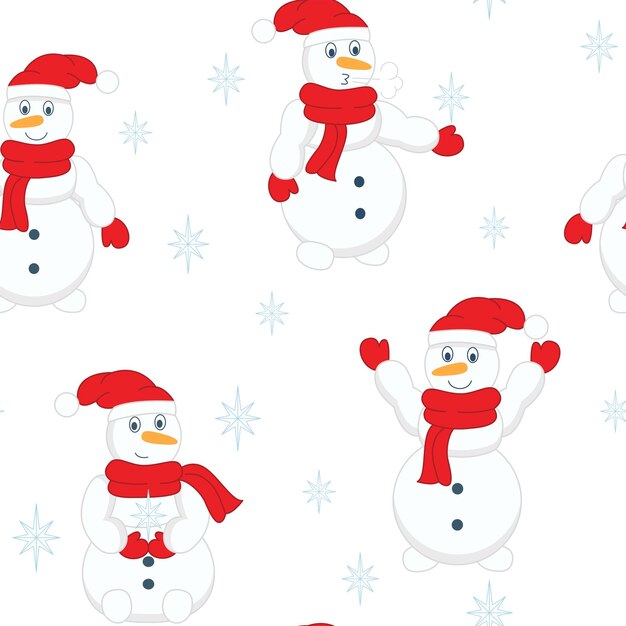 Muñecos de nieve en bufandas y sombreros y copos de nieve de patrones sin fisuras Fondo de invierno con personajes
