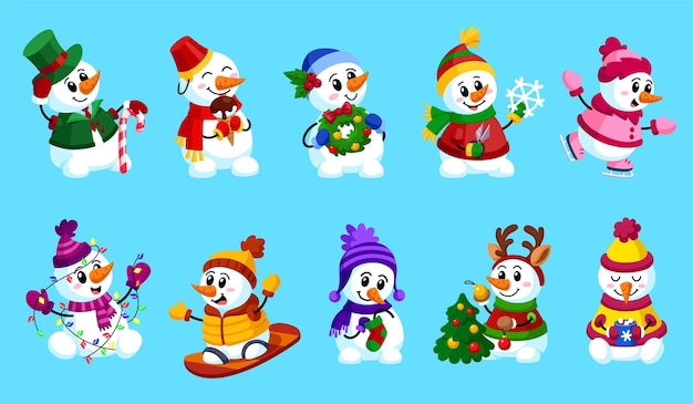 Muñecos de nieve divertidos muñeco de nieve de dibujos animados de navidad cacao de invierno persona de nieve en bufanda niños lindos amigos de navidad personajes de vector chillón de vacaciones aisladas