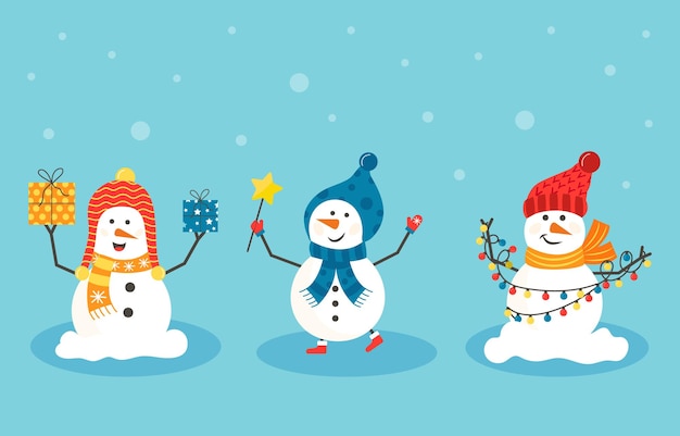 Muñecos de nieve navideños alegres con diferentes regalos. Hombre de nieve divertido con sombrero, bufanda con árbol. Felices fiestas festivas de Navidad lindos personajes, conjunto de dibujos animados de vector plano