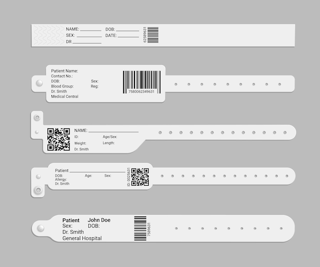 Muñequera de hospital médico o maqueta de pulsera identificación del paciente id vector banda de mano aislado papel blanco realista plástico o etiquetas de goma con qr o códigos de barras nombres de médico y paciente