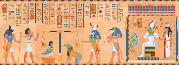 Mural egipcio egipto templo religioso fresco étnico antiguos murales antigüedad arte pared mitología antigua ornamento jeroglífico muerte muro fronterizo ingenioso vector ilustración de la civilización egiptología